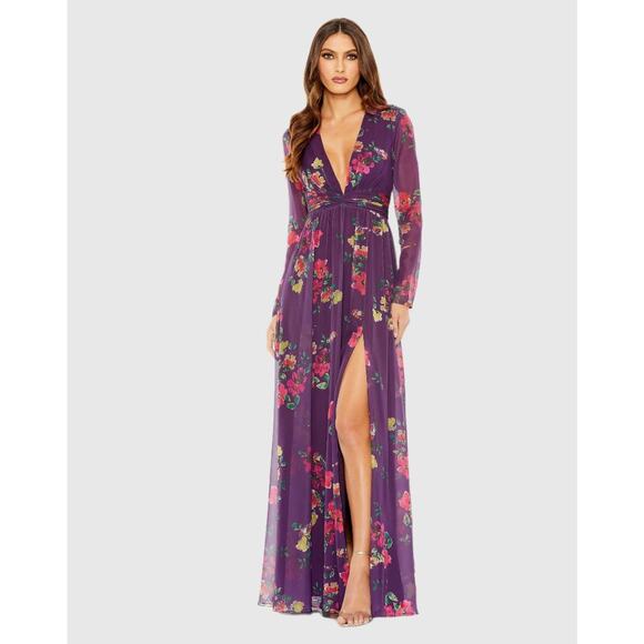 Mac Duggal Purple Long Sleeve Ruched Top Plunge Neck Gown Size 4 - Picture 1 of 3